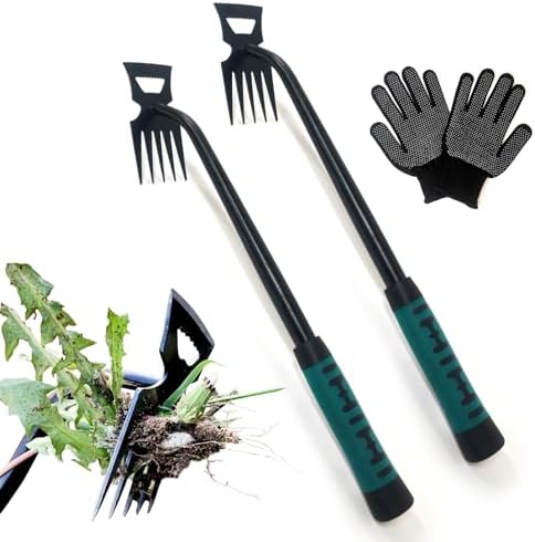 Estirpatore Manuale  | Strumento Estirpatore di Erbacce, Strumento Portatile per Diserbo da Giardino, Strumento Rimuovi Erbacce, Strumento Manuale per Diserbo con Guanti, Estirpatore Manuale in Acciaio al Manganese Forgiato, Strumento per Estirpare Erbacce (5 Denti – 2 Pezzi) Estirpatore Manuale Estirpatore Manuale