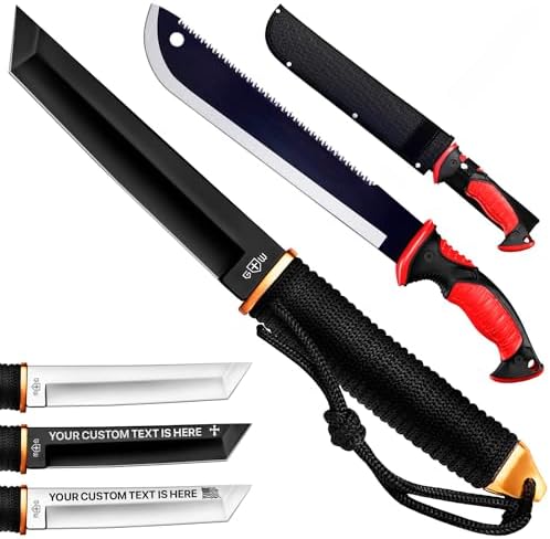 Machete da giardinaggio  | Coltello da Campeggio Tanto con Fodero – 3+ Colori – Lama Fissa Full Tang Lucidata a Specchio di 5,9″ – Machete con Lama Seghettata di 11 Pollici con Fodero in Nylon – Machete con Lama Seghettata e Manico in Gomma Antiscivolo Machete da giardinaggio Machete da giardinaggio