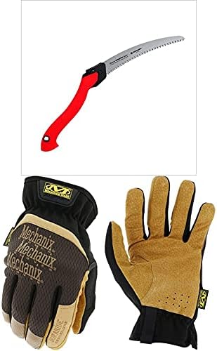 Seghe da giardinaggio  | Rs16150 Seghetto pieghevole Razortooth, lama curva da 10 pollici, rosso + Guanti da lavoro in pelle Durahide Fastfit Mechanix Wear (Piccolo, Marrone/Nero) (Lff-75-008) Seghe da giardinaggio Seghe da giardinaggio