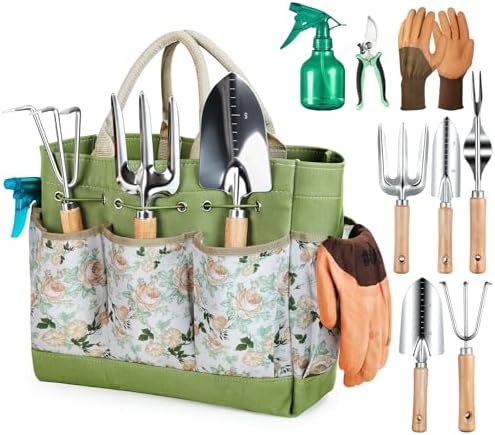 Set di attrezzi da giardinaggio  | Attrezzi da Giardinaggio Set di 9 Pezzi – Attrezzi da Giardinaggio Manuali Resistenti con Borsa Organizer alla Moda e Durevole, Set di Attrezzi da Giardino Antiruggine, Regali Ideali per Giardinaggio Set di attrezzi da giardinaggio Set di attrezzi da giardinaggio