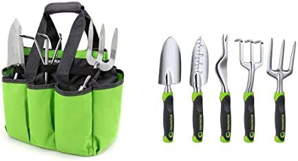 Set di attrezzi da giardinaggio  | Borsa per Attrezzi da Giardino con 8 Tasche Extra per Riporre e Set di Attrezzi da Giardino da 5 Pezzi, Inclusi Trapiantatore, Estirpatore, Forchetta Manuale e Coltivatore Set di attrezzi da giardinaggio Set di attrezzi da giardinaggio