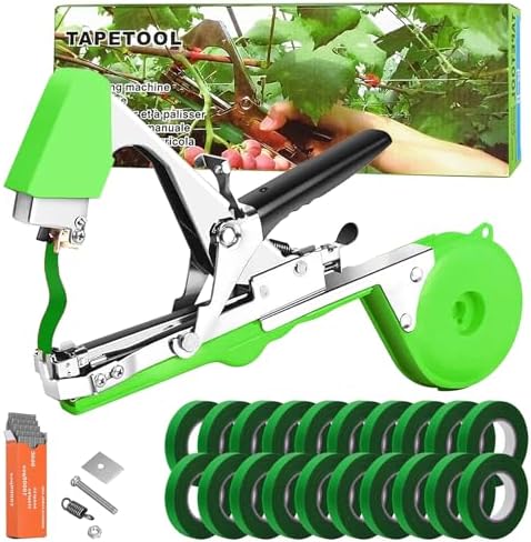 Set di attrezzi da giardinaggio  | Macchina per legare piante, attrezzo per legare viti da giardino, macchine per legatura piante, pistola per nastro per piante, legatore per piante, attrezzo per agricoltura con 1 pezzo di graffette e 2 rotoli di nastro verde per pomodori, uva e peperoni. Set di attrezzi da giardinaggio Set di attrezzi da giardinaggio