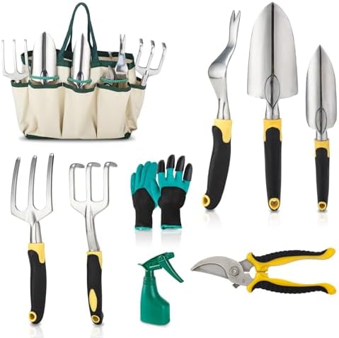 Set di attrezzi da giardinaggio  | Set di 9 Pezzi di Attrezzi da Giardino con Borsa e Guanti, Set di Attrezzi da Giardino con Spruzzatore per Interni ed Esterni – Regali per Giardinieri Donne Set di attrezzi da giardinaggio Set di attrezzi da giardinaggio