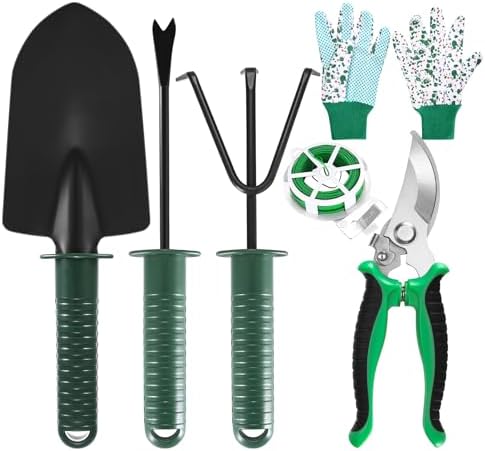 Set di attrezzi da giardinaggio  | Set di attrezzi da giardinaggio 6 pezzi, kit di attrezzi da giardinaggio in acciaio inossidabile, set di lavoro per il giardinaggio che include una paletta, un coltivatore per trapianto, forbici da potatura, guanti da giardinaggio e legature per giardino da 3 metri. Set di attrezzi da giardinaggio Set di attrezzi da giardinaggio