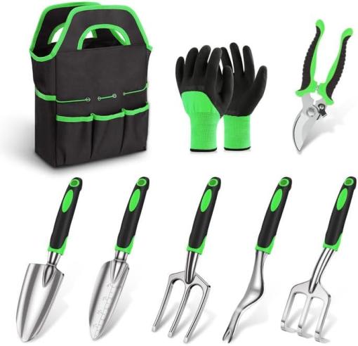 Set di attrezzi da giardinaggio  | Set di Attrezzi da Giardinaggio 8 Pezzi, Strumenti in Lega di Alluminio Leggeri e Resistenti con Manico Ergonomico, Borsa per Riporre, Attrezzi da Giardinaggio, Regali per Giardinaggio per Uomini e Donne Verde Set di attrezzi da giardinaggio Set di attrezzi da giardinaggio