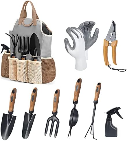 Set di attrezzi da giardinaggio  | Set di Attrezzi da Giardinaggio, 9 Pezzi di Attrezzi da Giardino in Acciaio Inossidabile con Estirpatore, Coltivatore, Paletta, Spruzzatore, Guanti e Organizer per la Conservazione, Attrezzi da Giardino Ergonomici con Manico in Gomma Morbida per Uomini, Regalo (Attrezzi da Giardino Premium) Set di attrezzi da giardinaggio Set di attrezzi da giardinaggio