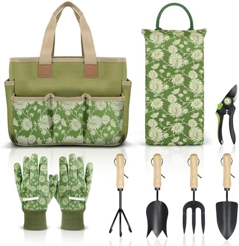 Set di attrezzi da giardinaggio  | Set di Attrezzi da Giardino, 8 Pezzi, Attrezzi da Giardinaggio Robusti con Manico in Legno, Inclusi Borsa da Giardino, Cuscino per Ginocchia, Guanti, Potatore, Palette, Palette per Tulipani, Coltivatore – Regali da Giardinaggio per Uomini Set di attrezzi da giardinaggio Set di attrezzi da giardinaggio