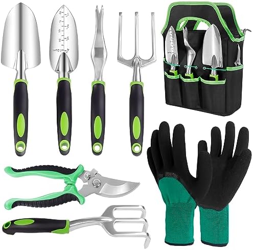 Set di attrezzi da giardinaggio  | Set di Attrezzi da Giardino 8 Pezzi, Set di Attrezzi da Giardinaggio con Borsa di Stoccaggio e Guanti, Attrezzo Manuale in Lega di Alluminio Resistente con Manico Ergonomico Antiscivolo, Kit di Attrezzi per Piantare, Regali di Giardinaggio per Uomini e Donne Set di attrezzi da giardinaggio Set di attrezzi da giardinaggio