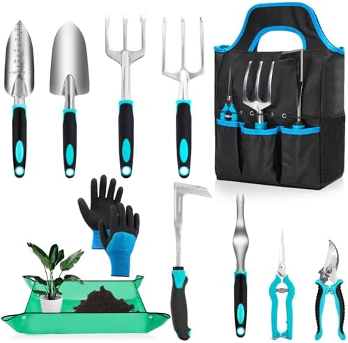 Set di attrezzi da giardinaggio  | Set di Attrezzi da Giardino con Impugnatura in Gomma Antiscivolo, Set di Attrezzi da Giardinaggio in Acciaio Inossidabile da 11 Pezzi, Tappetino per Ripiantare Spesso e Borsa per Riporre, Attrezzi Manuali da Esterno Resistenti, Strumento per Estirpare e Diserbare, Regali Ideali Blu Set di attrezzi da giardinaggio Set di attrezzi da giardinaggio