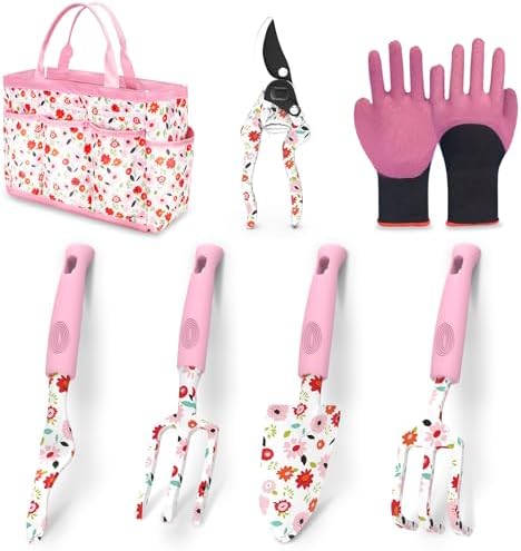 Set di attrezzi da giardinaggio  | Set di Attrezzi da Giardino da 7 Pezzi, Attrezzi da Giardino in Lega di Alluminio Resistente, Attrezzi da Giardinaggio Ergonomici Antiscivolo, Attrezzi Manuali da Giardino con Guanti, Borsa da Trasporto, Stampa Floreale Carina, Set da Giardinaggio per Set di attrezzi da giardinaggio Set di attrezzi da giardinaggio