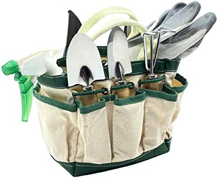 Set di attrezzi da giardinaggio  | Set di Piccole Attrezzature da Giardino, Kit Mini da Balcone 8 Pezzi con Borsa, Trapiantatore, Rastrello Manuale, Potatore, Forbici, Pala, Guanti, Spruzzatore per Annaffiatura, Manici in Acciaio Inossidabile e Legno, Regalo per Donne, Uomini e Bambini Set di attrezzi da giardinaggio Set di attrezzi da giardinaggio