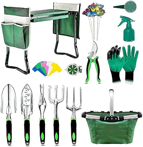 Set di attrezzi da giardinaggio  | Set di Seggiolino e Ginocchiere da Giardino Aggiornato 2021 Include 2 in 1 Sedia da Giardino, Kit da Giardinaggio Robusto, Guanti, Borsa e Pochette per Attrezzi, Cestino Organizzatore per Attrezzi – Regalo Ideale per Uomini e Donne Amanti del Giardinaggio Set di attrezzi da giardinaggio Set di attrezzi da giardinaggio