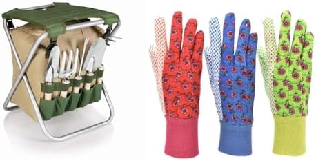 Set di attrezzi da giardinaggio  | Sgabello Pieghevole da Giardiniere, Borsa e Set di Attrezzi da Giardino da 5 Pezzi con Guanti in Jersey a Stampa Floreale (3 Pezzi) Set di attrezzi da giardinaggio Set di attrezzi da giardinaggio