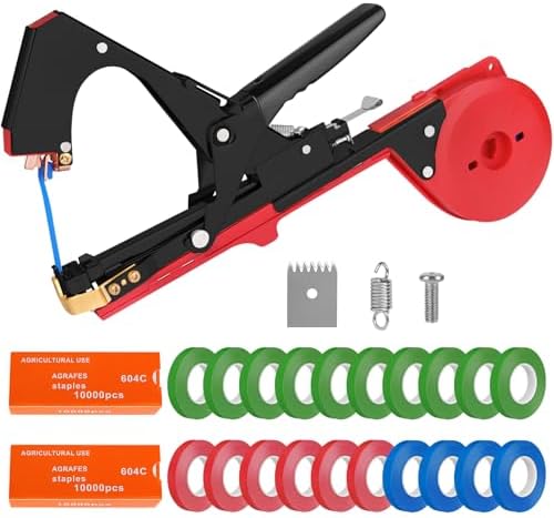 Set di attrezzi da giardinaggio  | Strumento per legare piante, macchina legatrice leggera con 20 rotoli di nastro, 2 macchine per graffette per giardinaggio, strumento per nastro per la piantagione di ortaggi e fiori (rosso e nero) Set di attrezzi da giardinaggio Set di attrezzi da giardinaggio