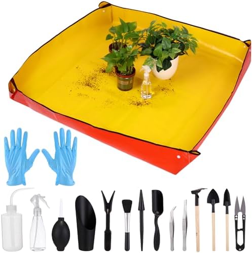 Set di attrezzi da giardinaggio  | Tappetino Extra Large per Ripotatura 47″ X 47″ per Trapianto di Piante da Interno, Vassoio per Piante Impermeabile, Set da 16 Strumenti per Piante Succulente e Micro Piante per Giardinaggio all’Aperto, Regalo per Amanti delle Piante (Arancione) Set di attrezzi da giardinaggio Set di attrezzi da giardinaggio