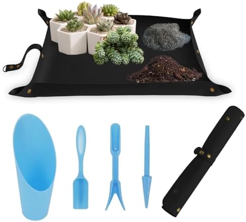 Set di attrezzi da giardinaggio  | Tappetino per rinvaso in pelle, tappetino portatile per piante succulente, tappetino da giardinaggio pieghevole e impermeabile, vassoio per piante per rinvaso, strumenti da giardinaggio in plastica (Nero) Set di attrezzi da giardinaggio Set di attrezzi da giardinaggio