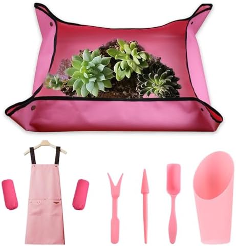 Set di attrezzi da giardinaggio  | Tappetino per Ripiantare Piante da Interno: Set di 7 Attrezzi da Giardino, Vassoio per Trapianto di Succulente Impermeabile, Portatile, Grembiuli e Maniche da Giardinaggio, Accessori per Pala, Regalo Set di attrezzi da giardinaggio Set di attrezzi da giardinaggio