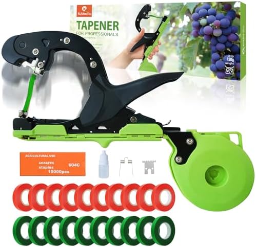 Set di attrezzi da giardinaggio  | Macchina per legare piante aggiornata – Lega rapidamente pomodori e uva. Strumento per legare piante per giardinieri e agricoltori. Pistola per legare piante con lama SK5, nastri verdi e graffette di ricambio. Set di attrezzi da giardinaggio Set di attrezzi da giardinaggio