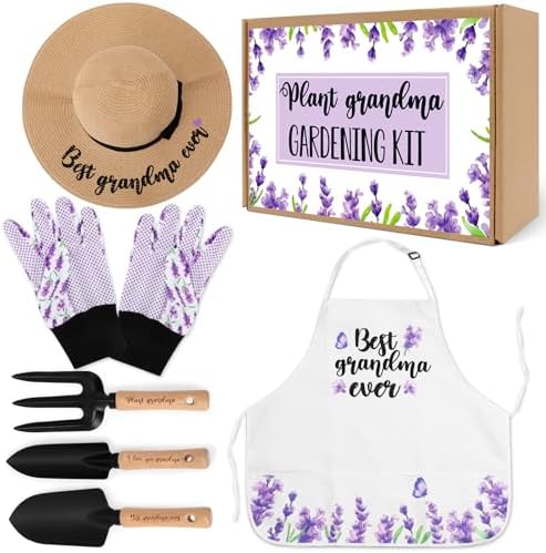 Set di attrezzi da giardinaggio  | Regali per Nonna Kit di Attrezzi da Giardinaggio in Lavanda Strumenti per Piantare Cappello di Paglia Grembiule Floreale Guanti Primavera Festa della Mamma per Nonna Amante delle Piante Forniture per Giardino all’Aperto e Prato Set di attrezzi da giardinaggio Set di attrezzi da giardinaggio