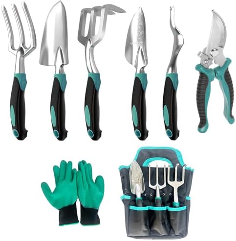 Set di attrezzi da giardinaggio  | Set di Attrezzi da Giardino, Attrezzi da Giardino a Mano, Kit da Giardino in Alluminio Robusto, Strumenti da Giardinaggio per Uomini, Regalo per Giardiniere con Impugnatura in Gomma Antiscivolo, Forbici da Giardino, Guanti da Giardino, Borsa di Stoccaggio. Set di attrezzi da giardinaggio Set di attrezzi da giardinaggio