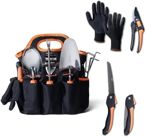 Set di attrezzi da giardinaggio  | Set di Attrezzi da Giardino Grande da 8 Pezzi – Kit di Attrezzi da Giardino in Acciaio Inossidabile da 34 con Borsa, Forbici da Potatura, Guanti, Attrezzi da Giardinaggio Robusti con Impugnatura in Gomma Antiscivolo, Regali Ideali per Uomini e Donne – Arancione Set di attrezzi da giardinaggio Set di attrezzi da giardinaggio